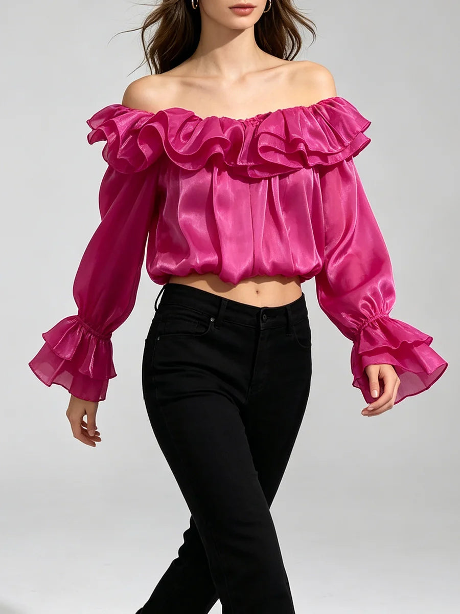 Trend4us Luxe Off-Shoulder Ruffle Organza Crop Blouse