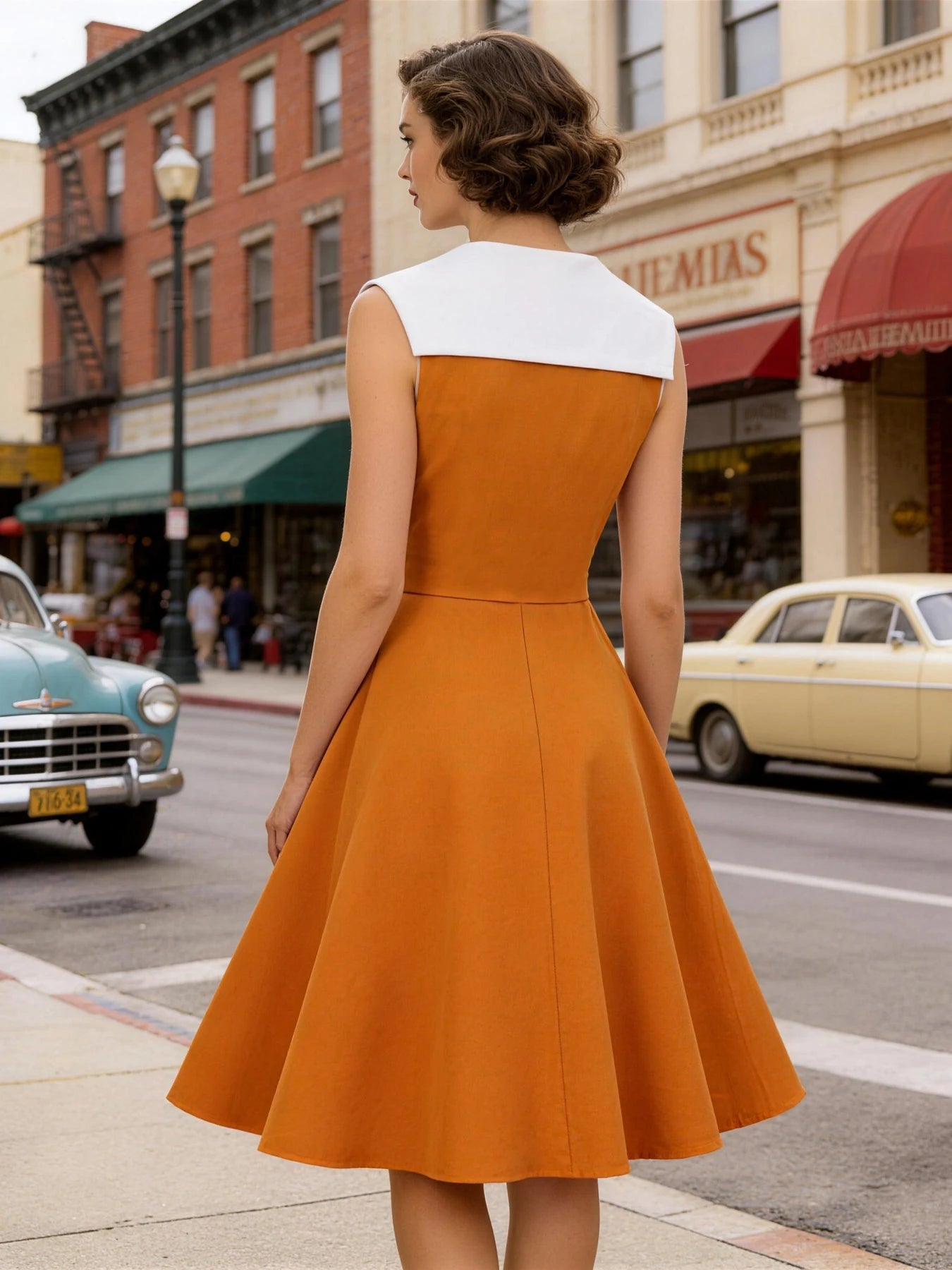 Trend4us Vintage Contrast Collar Belted Fit & Flare Swing Dress in Orange back view