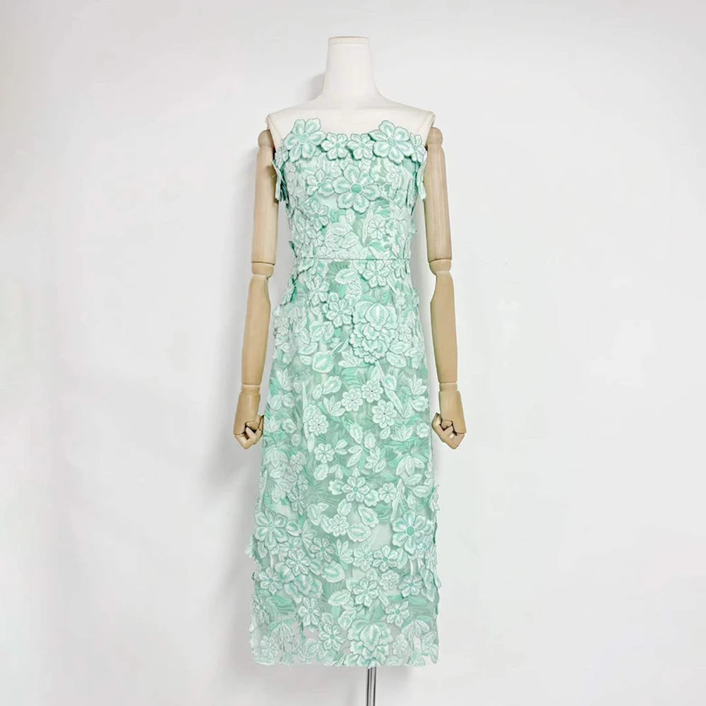 Trend4us Luxe Strapless 3D Floral Embroidered Midi Dress - Green