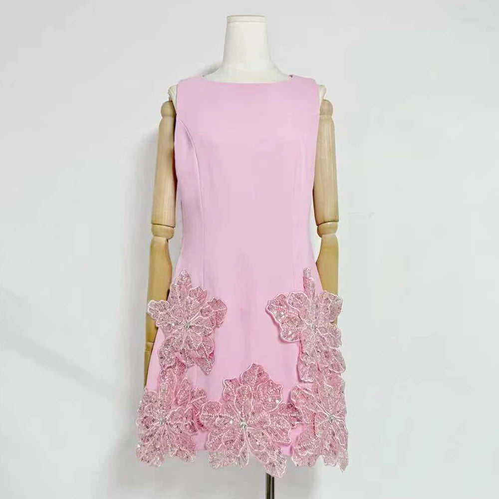 Trend4us Luxe Floral Appliqué Sleeveless Mini Dress - Pink