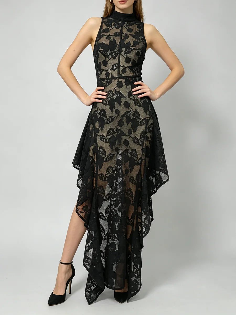 Trend4us Elegant Sheer Lace High-Neck Handkerchief Hem Dress