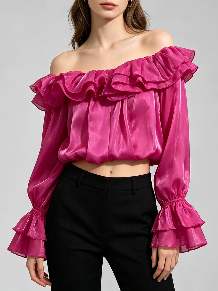 Trend4us Luxe Off-Shoulder Ruffle Organza Crop Blouse
