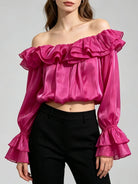 Trend4us Luxe Off-Shoulder Ruffle Organza Crop Blouse