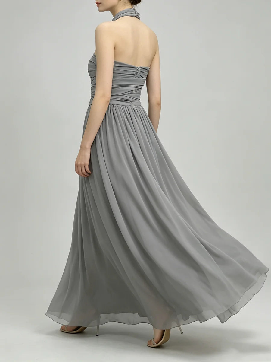 Trend4us Luxe Draped Halter Cutout Backless Evening Gown - Gray