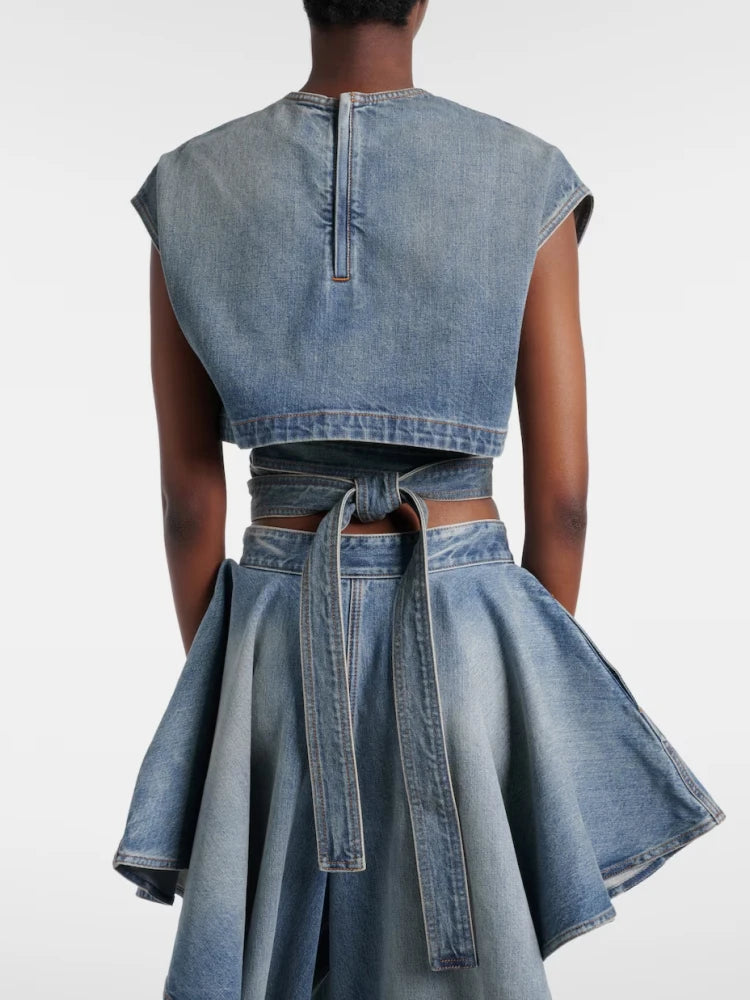 Trend4us Luxe Asymmetrical Denim Crop Top & Draped Skirt Set in blue back view