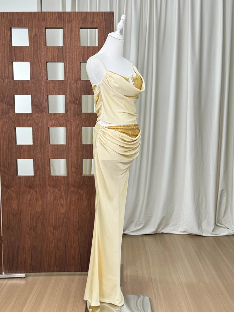 Trend4us Luxe Satin Lace Cowl Neck Maxi Skirt Set – Cream
