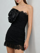 Trend4us Luxe Strapless Rosette Ruched Lace Mini Dress