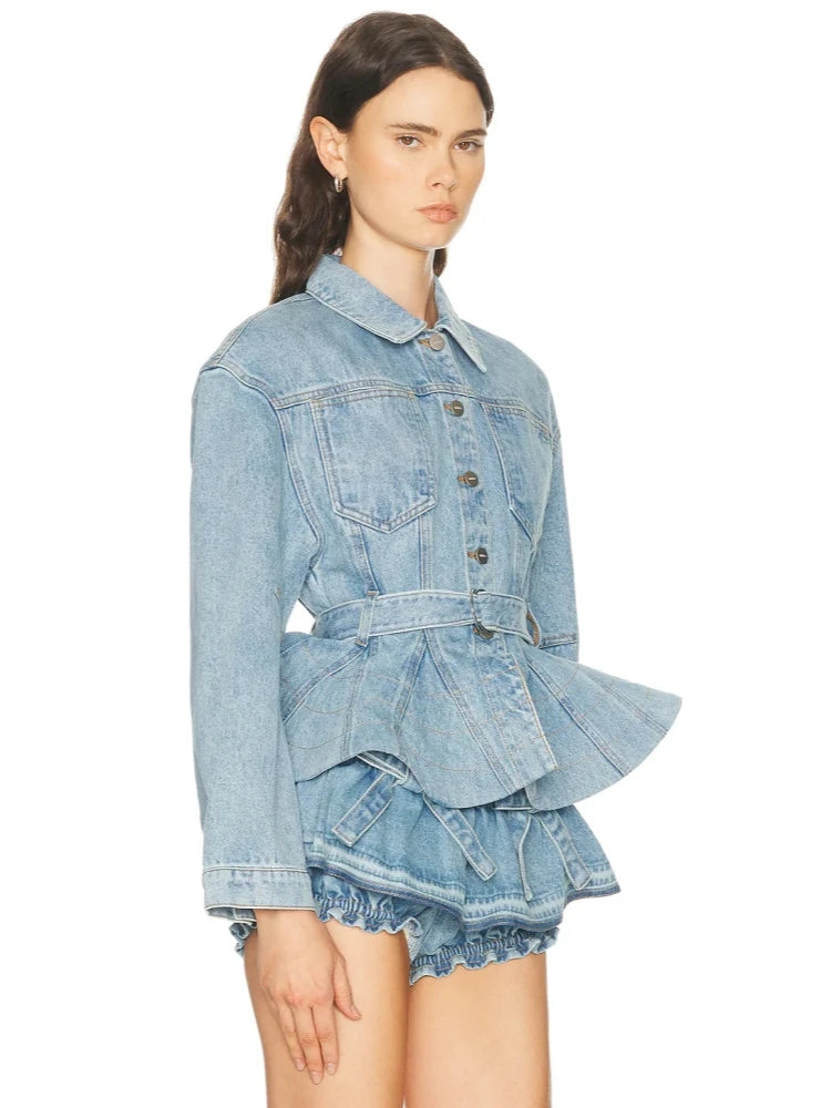 Trend4us Luxe Belted Peplum Denim Jacket & Ruffle Shorts Set in blue