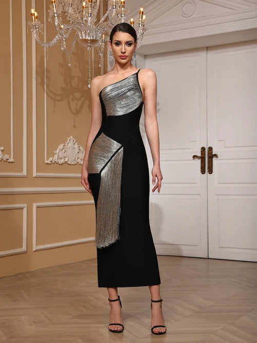 open lace back dress Silver Tassel Fringe One-Shoulder Dress - Black Metallic Bodycon