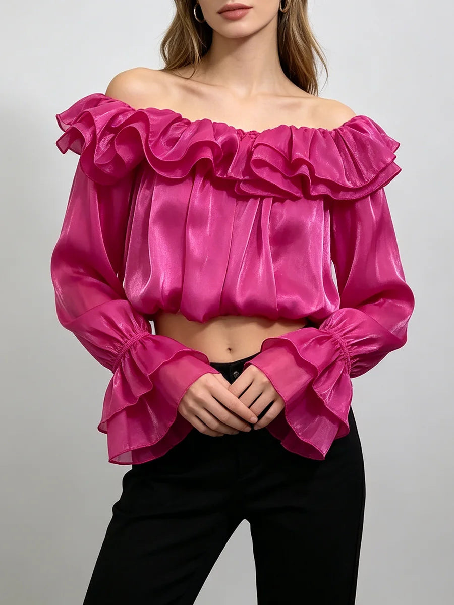 Trend4us Luxe Off-Shoulder Ruffle Organza Crop Blouse