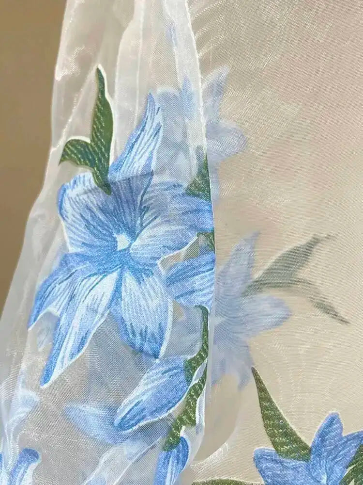 Trend4us Sheer Floral Print Blouse – Women's Sky Blue Button-Up