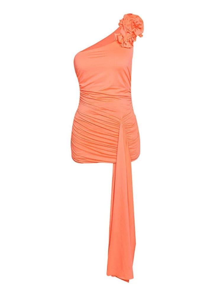 Trend4us Luxe Rosette One-Shoulder Ruched Draped Mini Dress