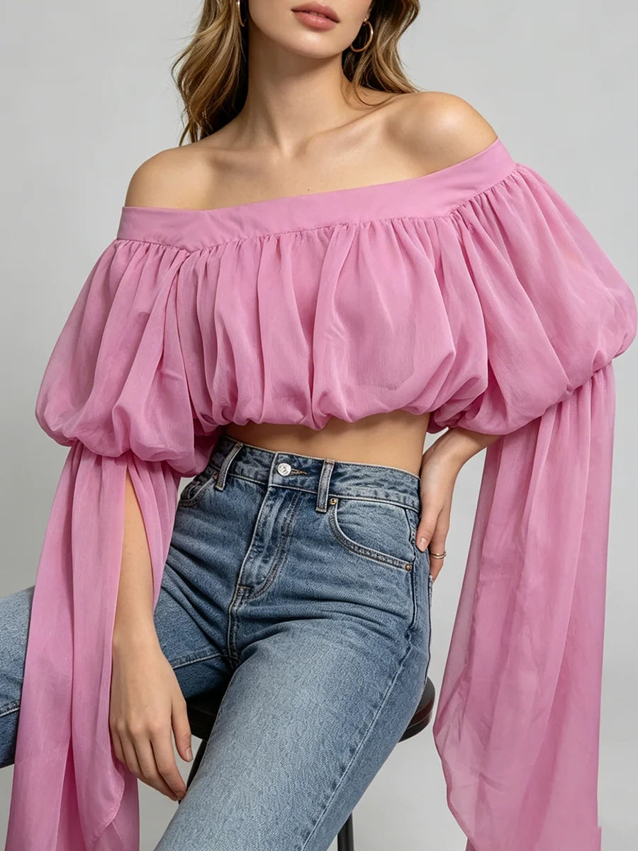Trend4us Romantic Off-Shoulder Chiffon Puff Sleeve Crop Top