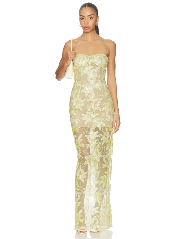 Trend4us Luxe Strapless Floral Sequin Embroidered Maxi Dress-Butter Yellow Floral