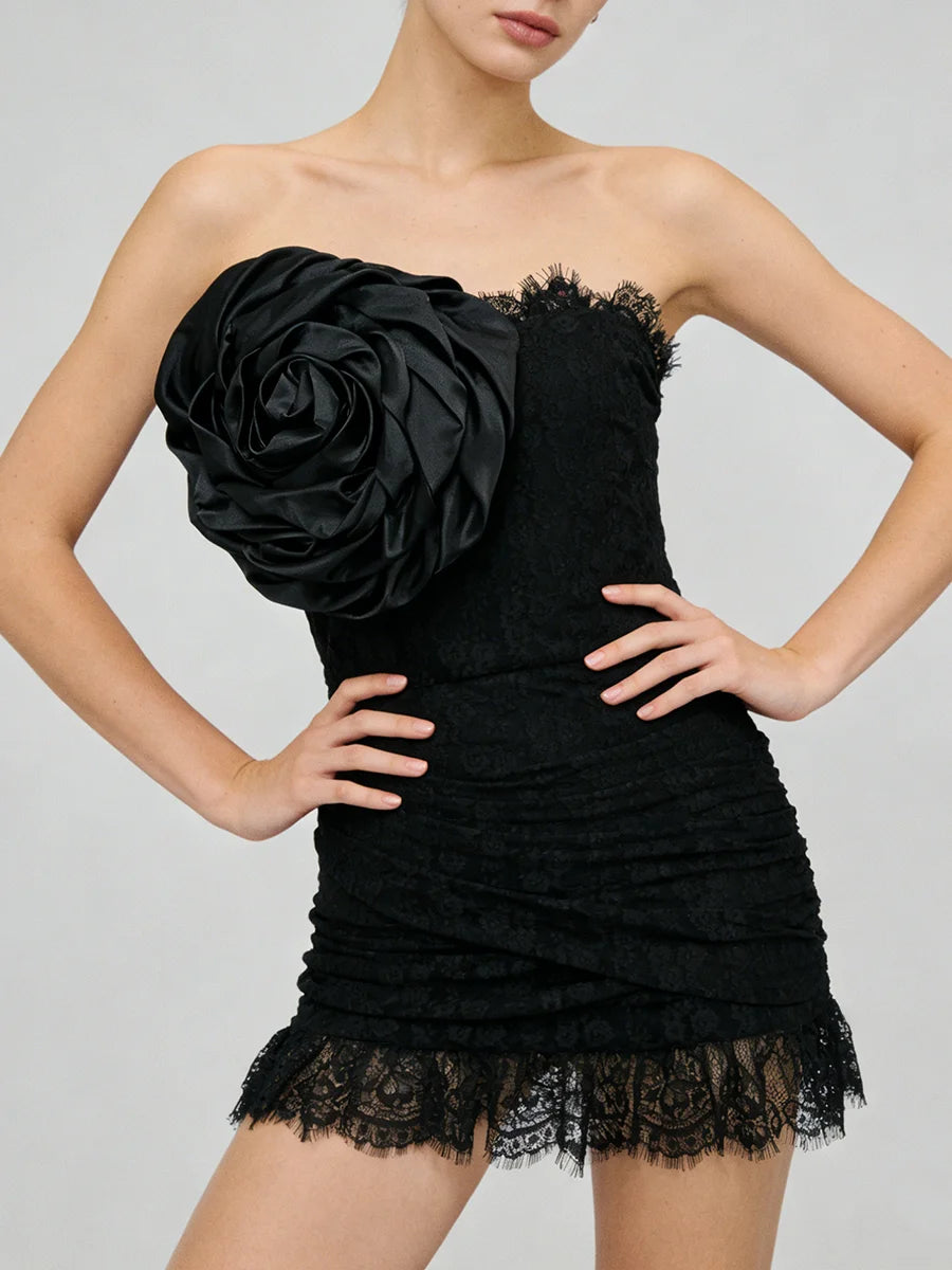 Trend4us Luxe Strapless Rosette Ruched Lace Mini Dress