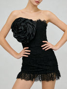 Trend4us Luxe Strapless Rosette Ruched Lace Mini Dress