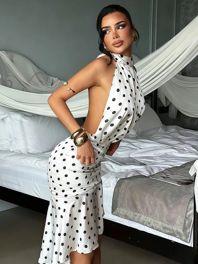 Trend4us Elegant Polka Dot Halter Open-Back Midi Dress