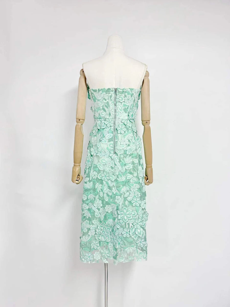 Trend4us Luxe Strapless 3D Floral Embroidered Midi Dress