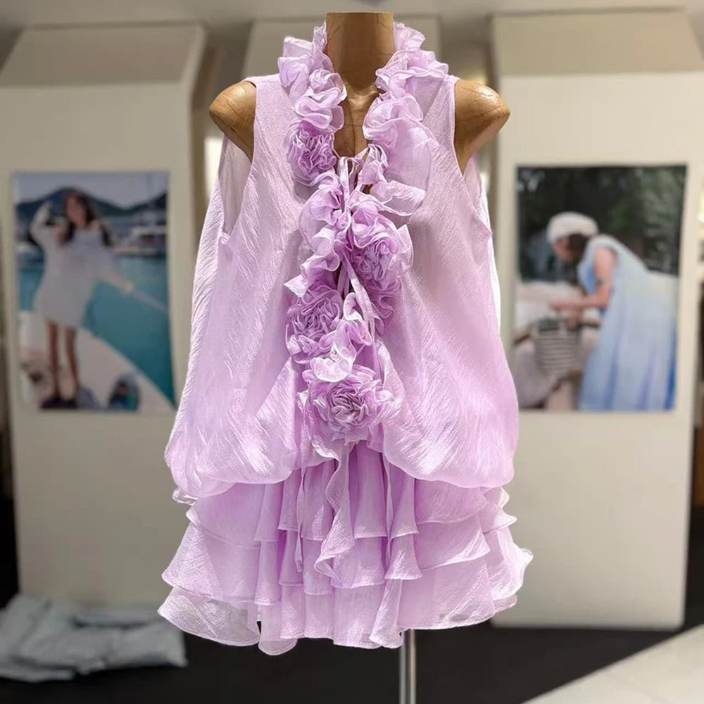 Trend4us Luxe 3D Rosette Ruffle Blouse & Layered Shorts Set - Purple