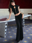 Trend4us Streetwear Button-Up Crop Top & Ruched Flare Pants Set
