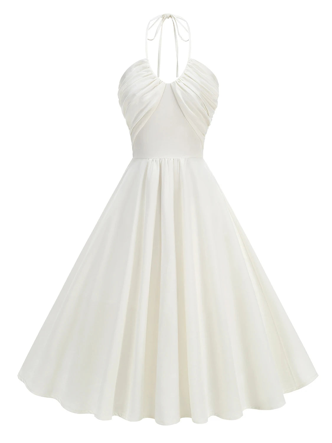 Trend4us Vintage Halter Ruched Summer Fit & Flare Dress in white front view