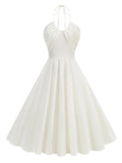 Trend4us Vintage Halter Ruched Summer Fit & Flare Dress in white front view