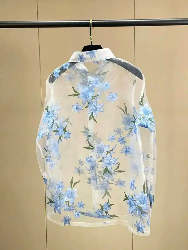 Trend4us Sheer Floral Print Blouse – Women's Sky Blue Button-Up