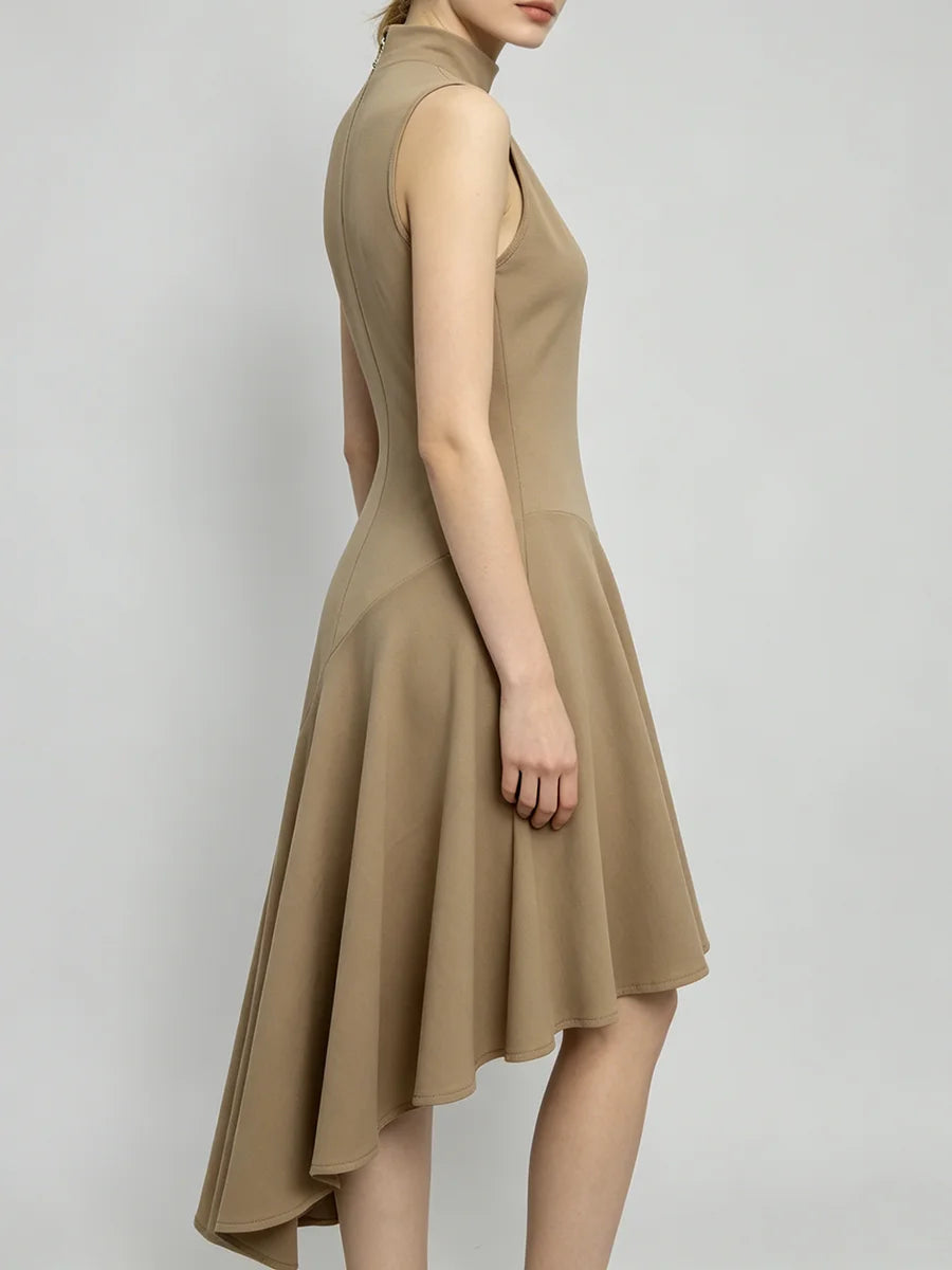 Trend4us Elegant High-Neck Asymmetrical Hem Midi Dress