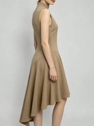 Trend4us Elegant High-Neck Asymmetrical Hem Midi Dress