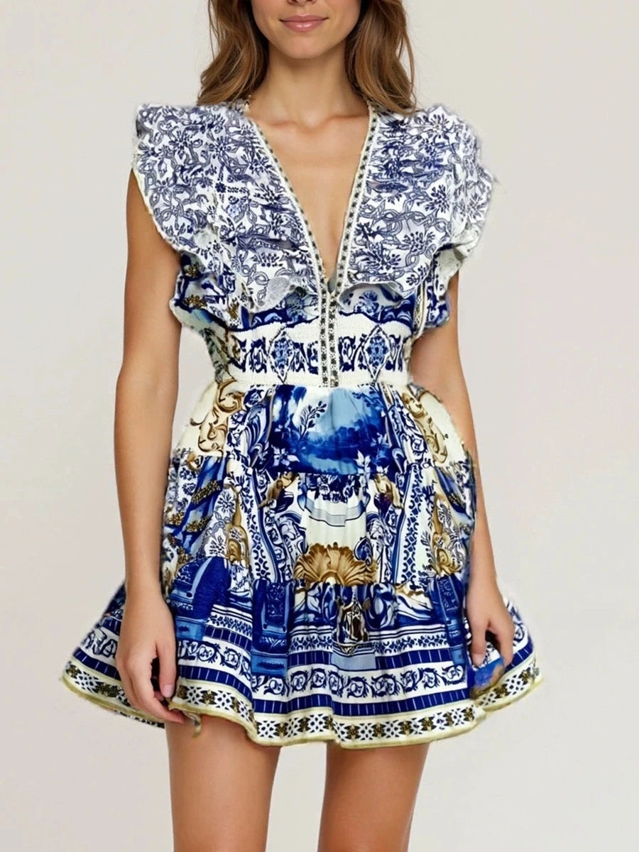 Trend4us Luxe Mediterranean Print Ruffle Mini Dress