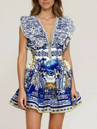 Trend4us Luxe Mediterranean Print Ruffle Mini Dress
