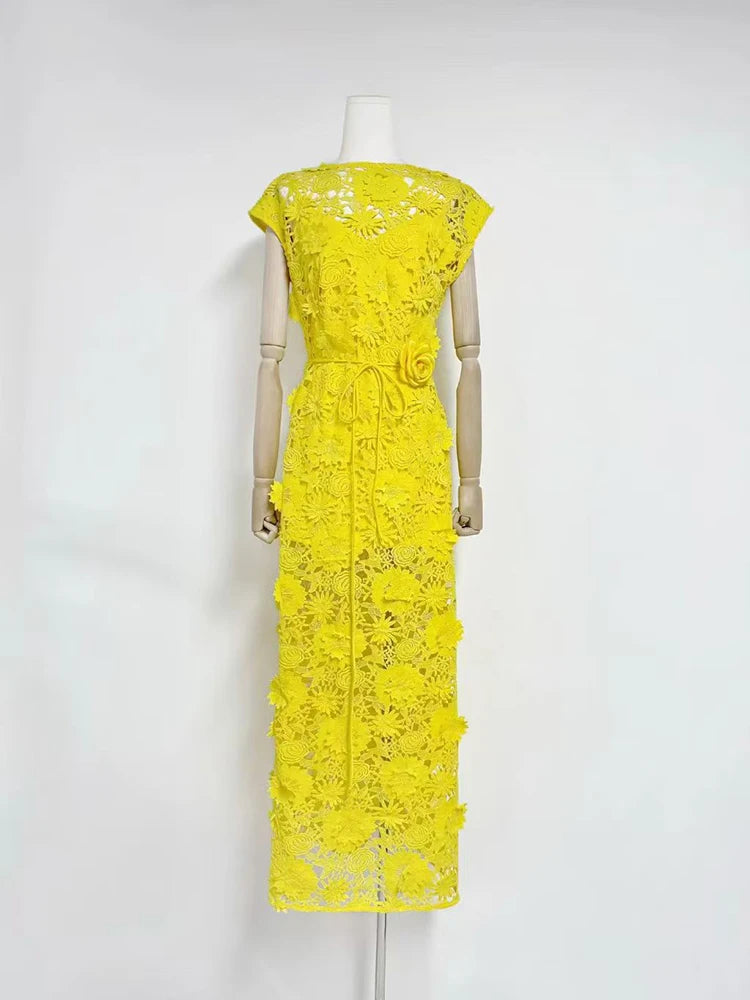Trend4us Luxe 3D Floral Appliqué Sheer Evening Gown - Yellow