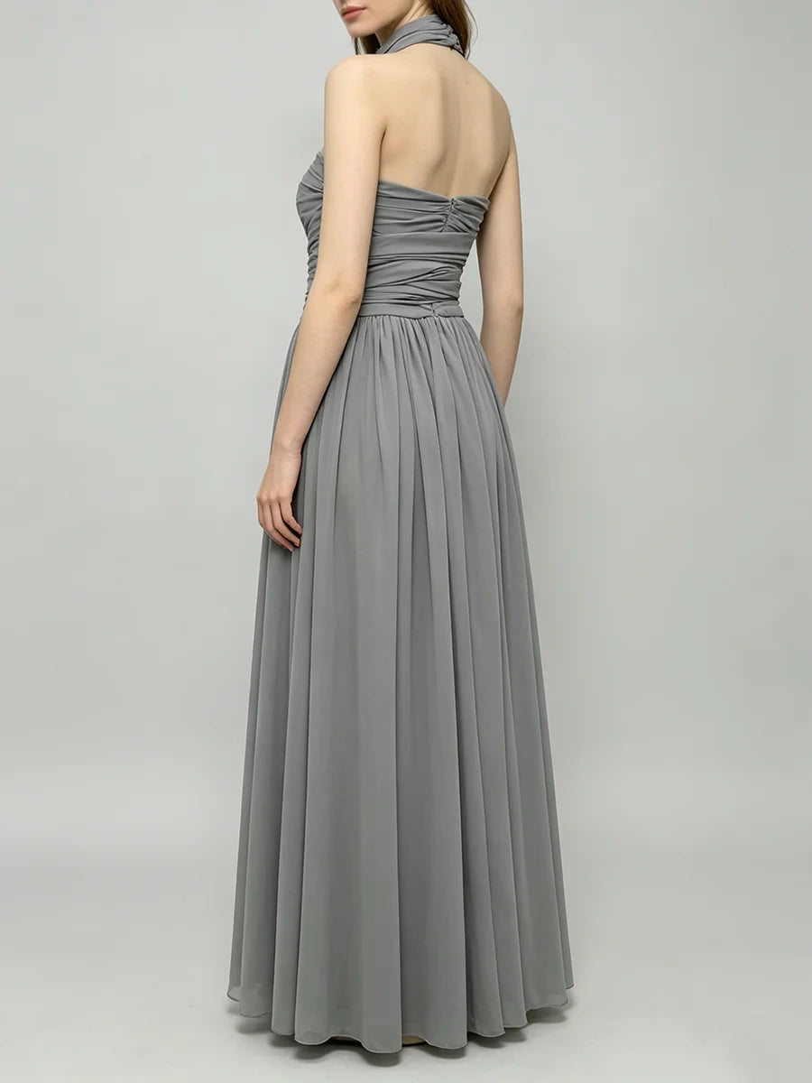 Trend4us Luxe Draped Halter Cutout Backless Evening Gown - Gray