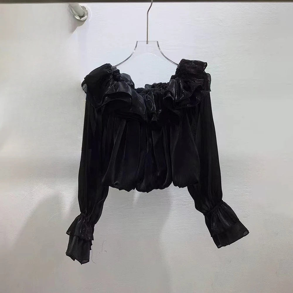 Trend4us Luxe Off-Shoulder Ruffle Organza Crop Blouse - Black