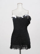 Trend4us Luxe Strapless Rosette Ruched Lace Mini Dress