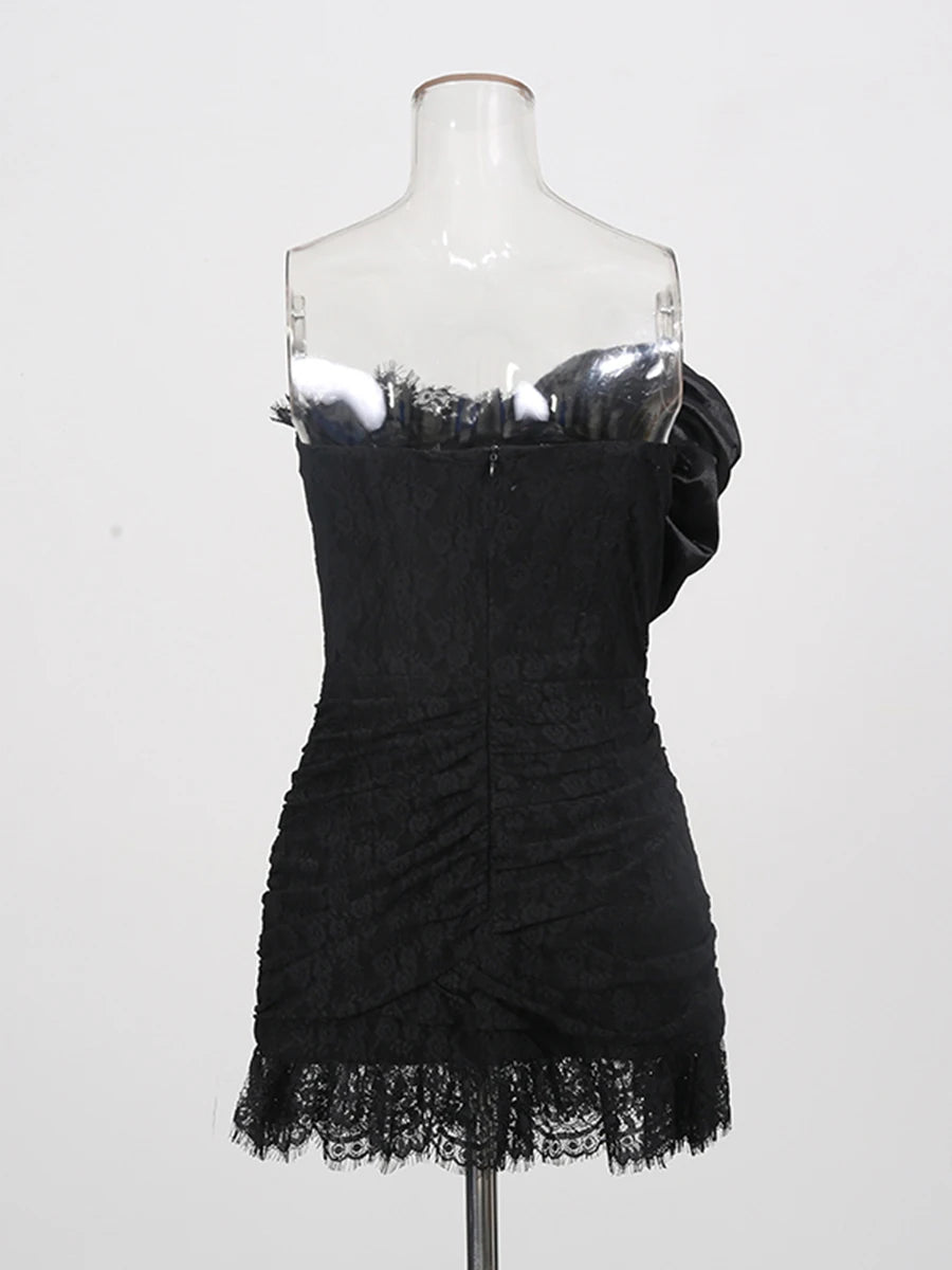 Trend4us Luxe Strapless Rosette Ruched Lace Mini Dress