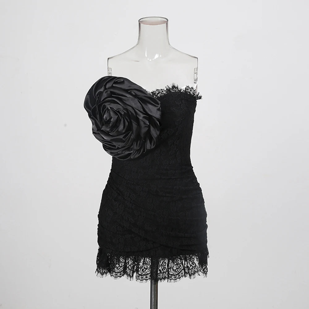 Trend4us Luxe Strapless Rosette Ruched Lace Mini Dress - Black