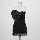 Trend4us Luxe Strapless Rosette Ruched Lace Mini Dress - Black
