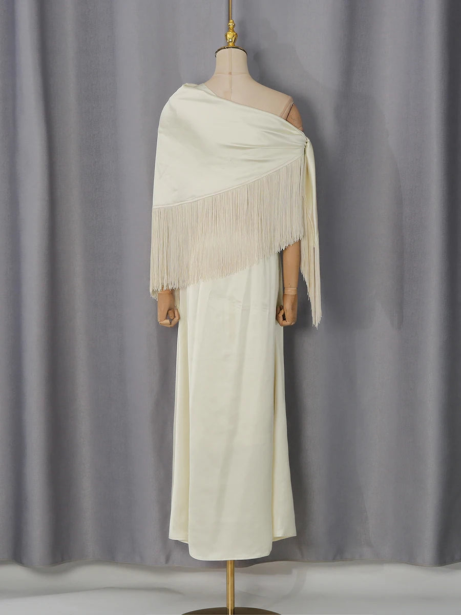 Trend4us Luxe Satin Fringe Shawl One-Shoulder Evening Dress