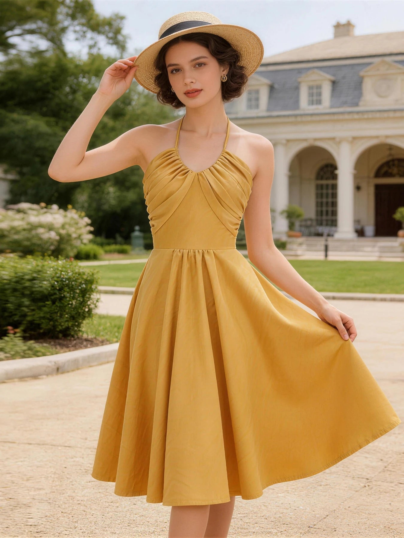 Trend4us Vintage Halter Ruched Summer Fit & Flare Dress in gold front view