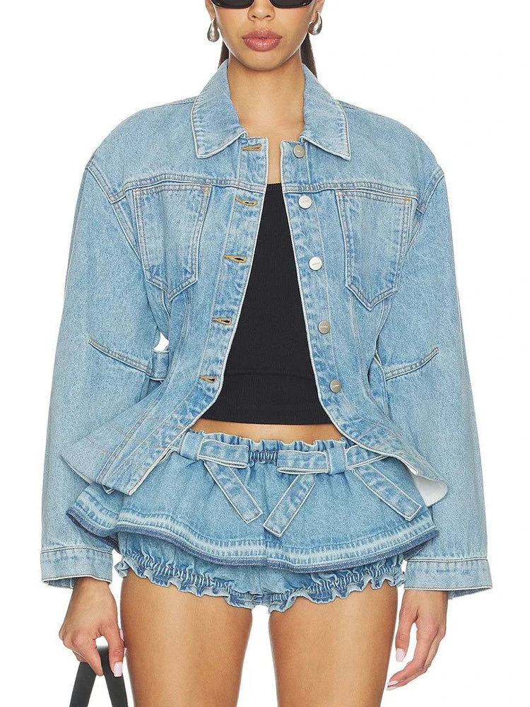 Trend4us Luxe Belted Peplum Denim Jacket & Ruffle Shorts Set in blue