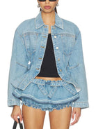 Trend4us Luxe Belted Peplum Denim Jacket & Ruffle Shorts Set in blue