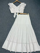 Trend4us Luxe Eyelet Lace Ruffle Crop Top & Midi Skirt Set - White