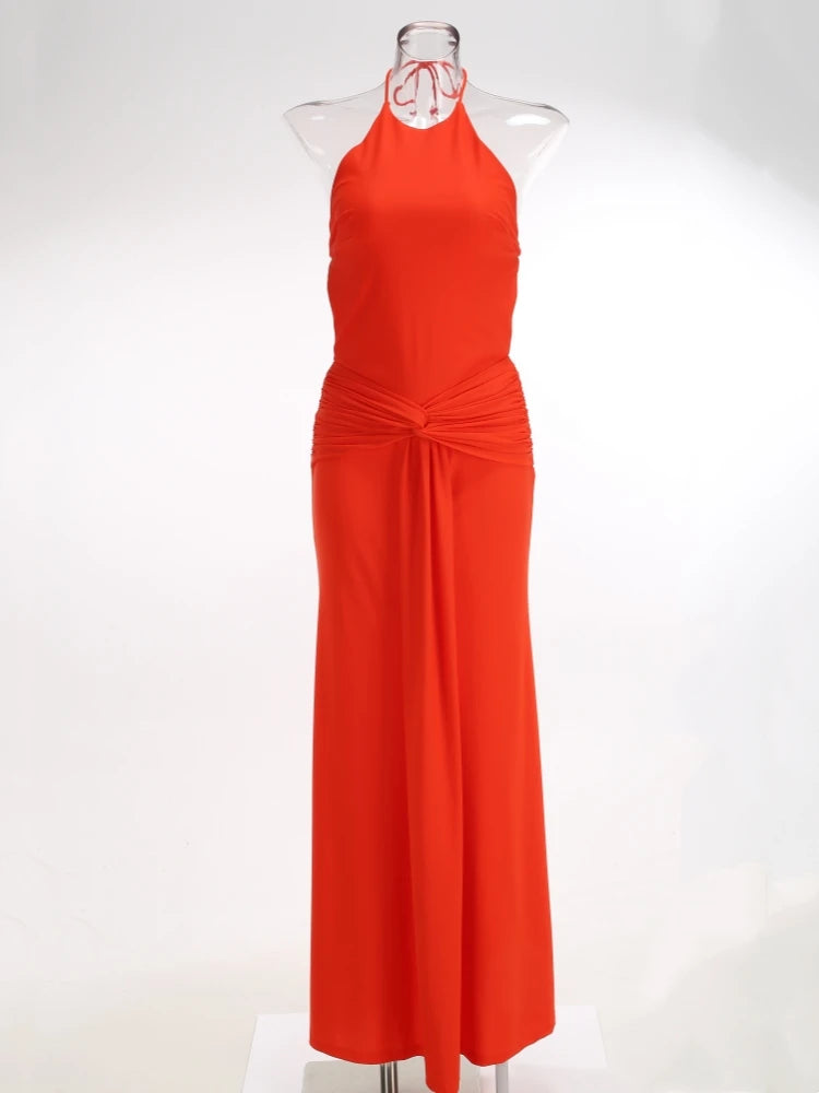 Trend4us Luxe Backless Halter Ruched Mermaid Maxi Dress in red front view