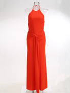 Trend4us Luxe Backless Halter Ruched Mermaid Maxi Dress in red front view