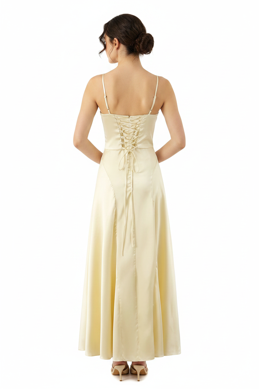 Satin Lace-Up Corset Maxi Dress — Women's V-Neck A-Line | Trend4us