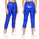 Trend4us Women's Glossy Ruched Drawstring Vinyl Cropped Pants-Blue