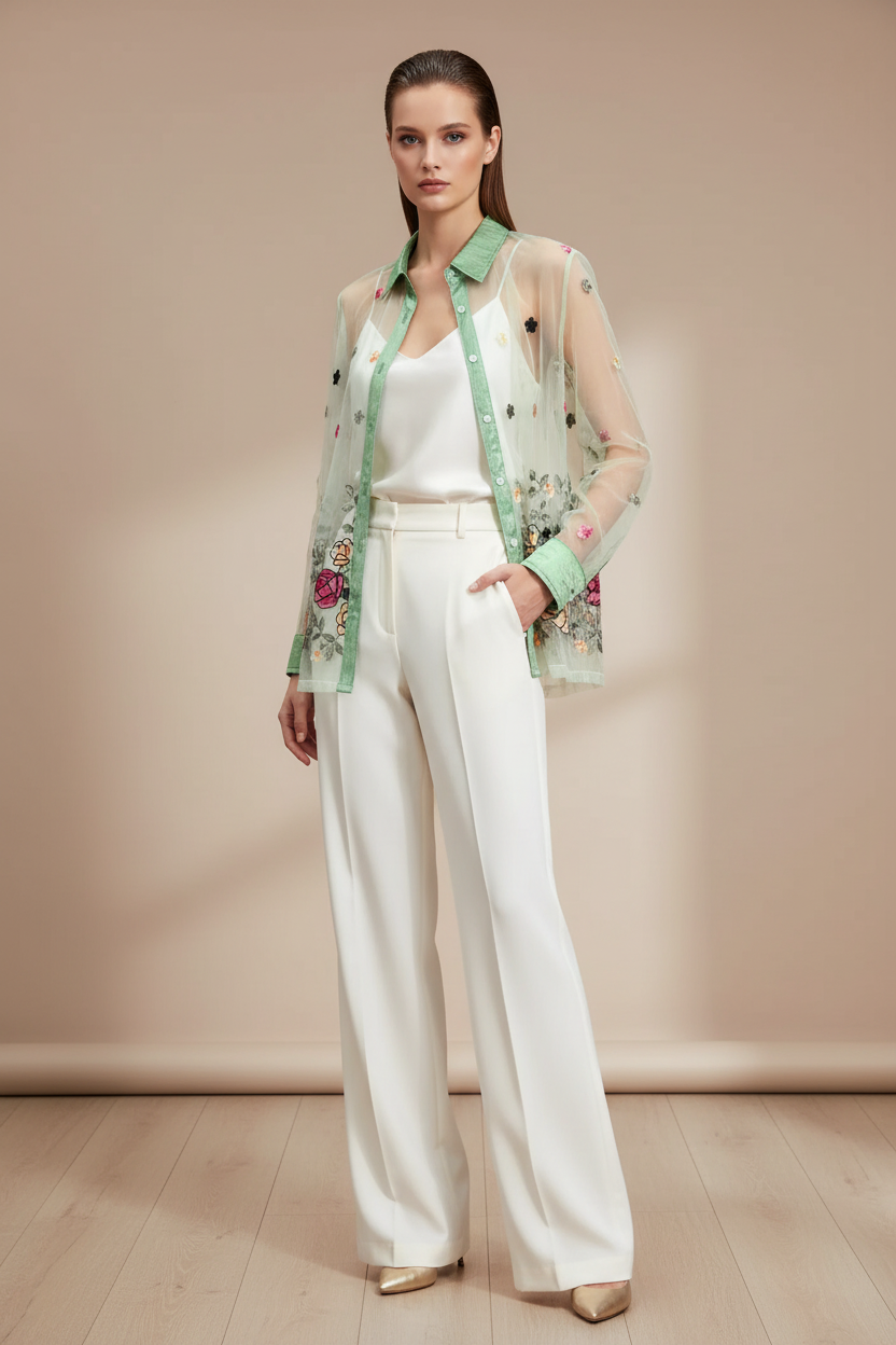 Trend4us Luxe Sheer Floral Embroidered Button-Up Blouse in Mint Green