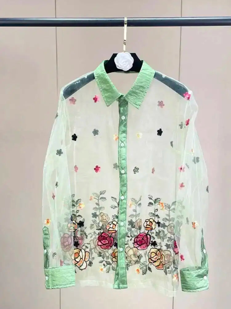 Trend4us Luxe Sheer Floral Embroidered Button-Up Blouse in Mint Green