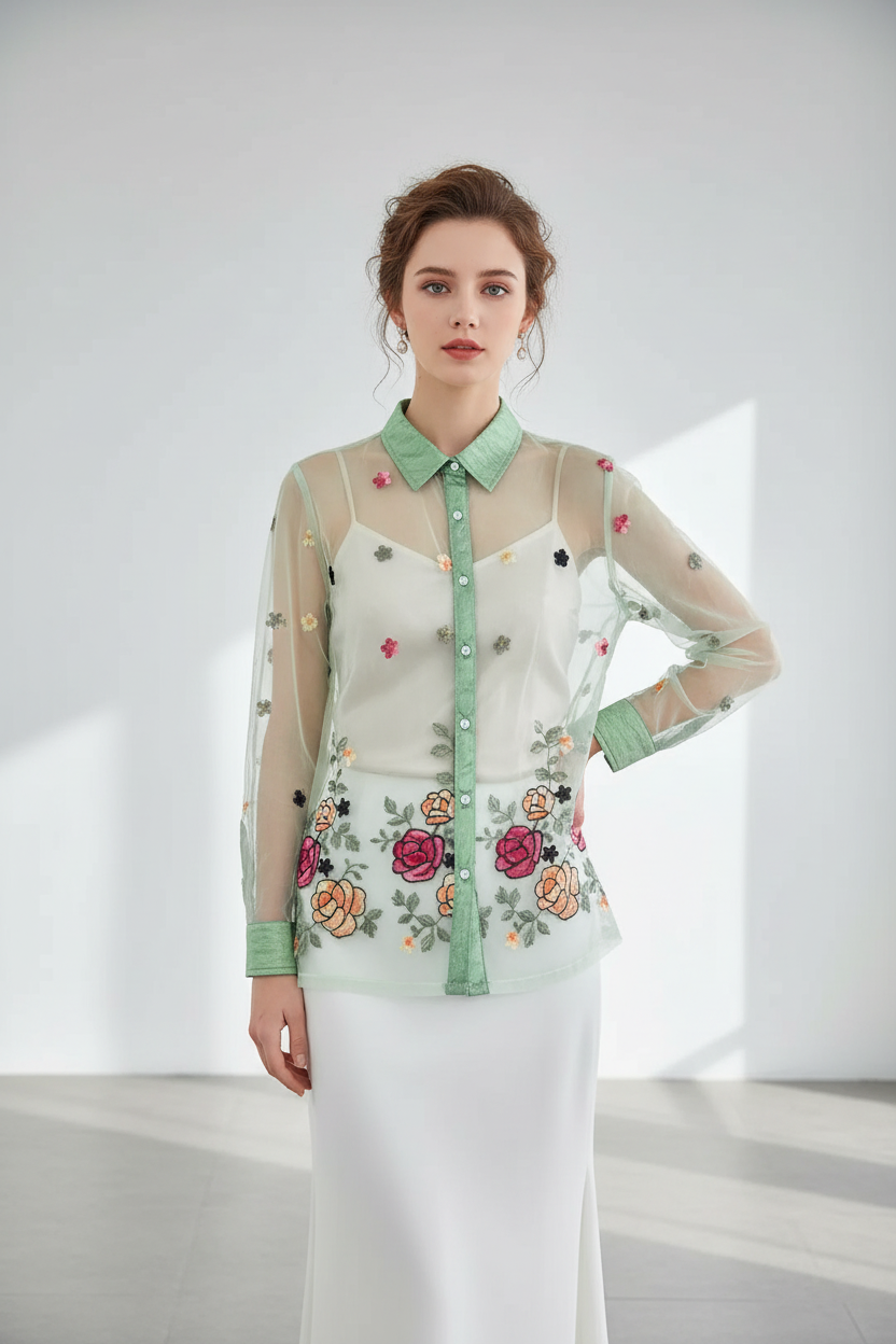 Trend4us Luxe Sheer Floral Embroidered Button-Up Blouse in Mint Green